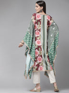 Ahalyaa Women Green & Pink Floral Printed Flared Sleeves Gotta Patti Floral Crepe Kaftan Kurta | Grocsy