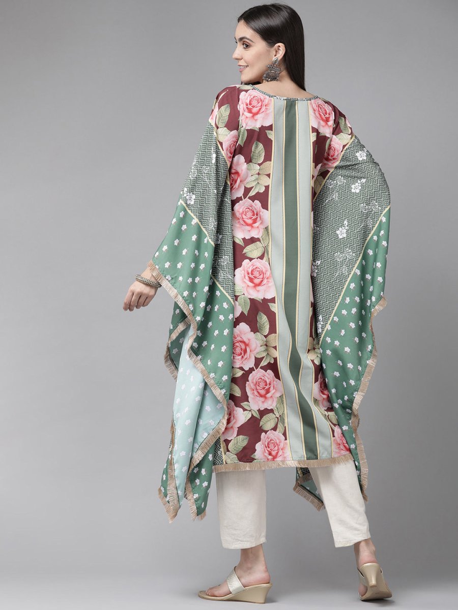 Ahalyaa Women Green & Pink Floral Printed Flared Sleeves Gotta Patti Floral Crepe Kaftan Kurta | Grocsy