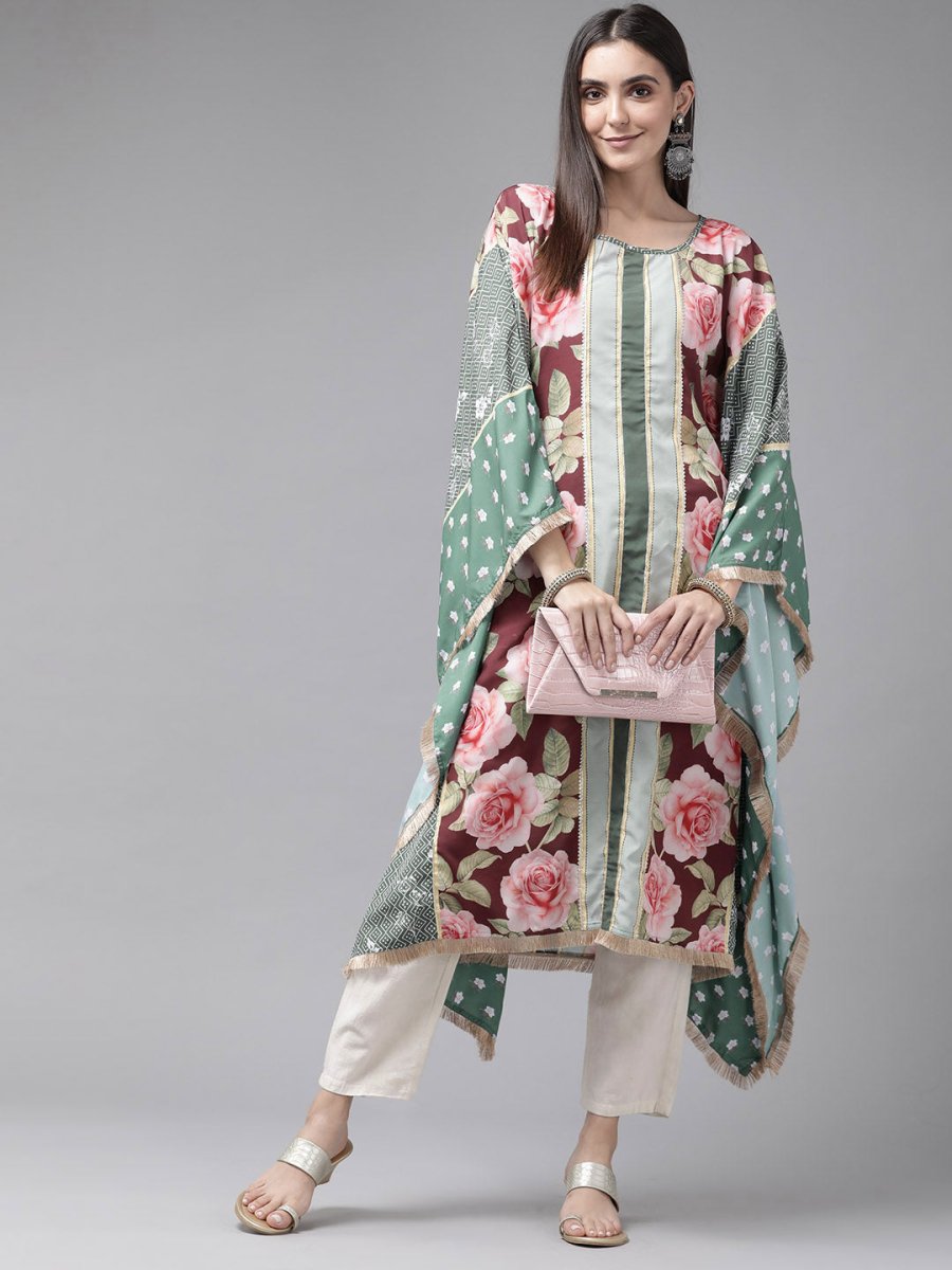 Ahalyaa Women Green & Pink Floral Printed Flared Sleeves Gotta Patti Floral Crepe Kaftan Kurta | Grocsy