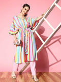 Ahalyaa Women Striped Flared Sleeves Crepe Kaftan Kurta | Grocsy