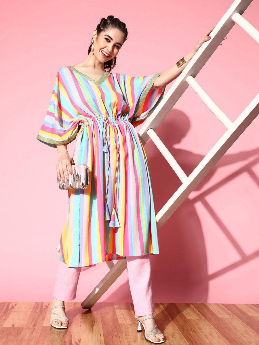 Ahalyaa Women Striped Flared Sleeves Crepe Kaftan Kurta | Grocsy