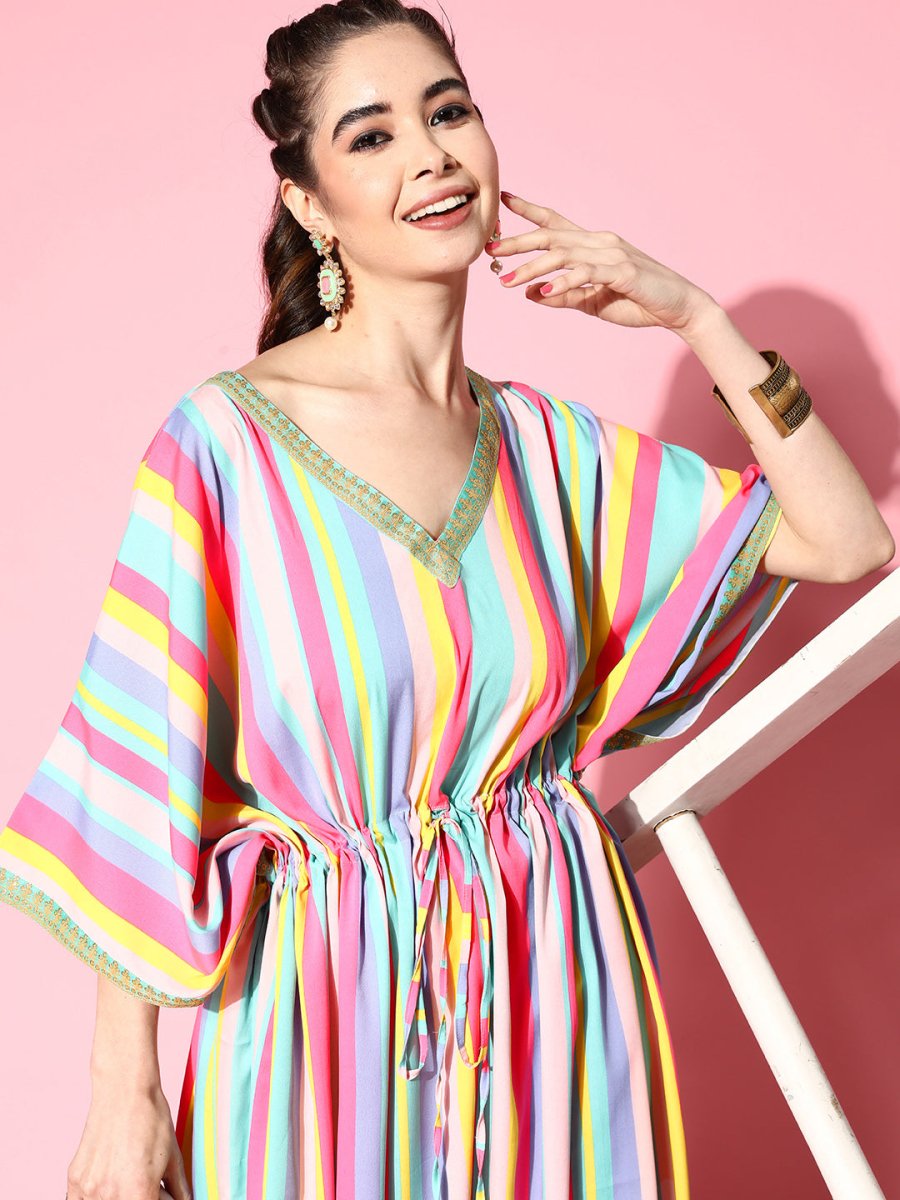 Ahalyaa Women Striped Flared Sleeves Crepe Kaftan Kurta | Grocsy