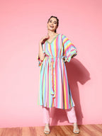 Ahalyaa Women Striped Flared Sleeves Crepe Kaftan Kurta | Grocsy