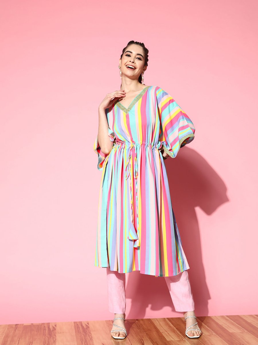 Ahalyaa Women Striped Flared Sleeves Crepe Kaftan Kurta | Grocsy