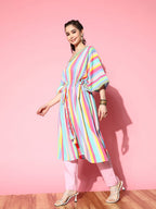 Ahalyaa Women Striped Flared Sleeves Crepe Kaftan Kurta | Grocsy