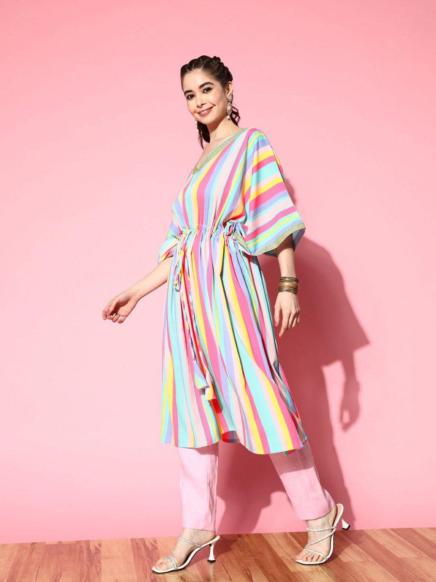 Ahalyaa Women Striped Flared Sleeves Crepe Kaftan Kurta | Grocsy