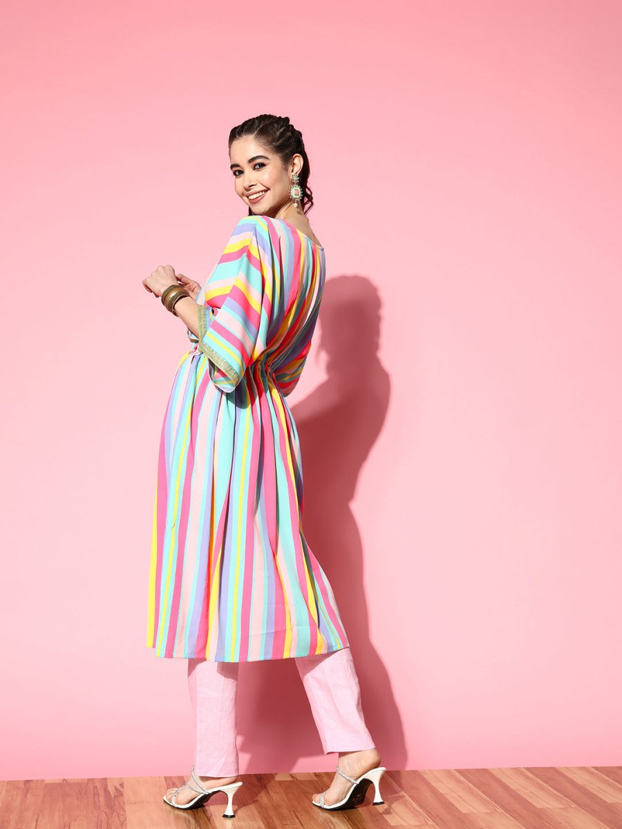 Ahalyaa Women Striped Flared Sleeves Crepe Kaftan Kurta | Grocsy