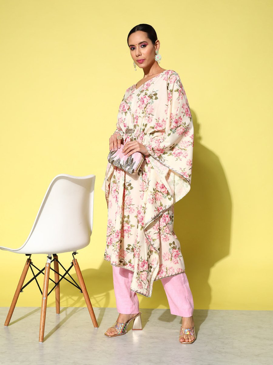 Ahalyaa Women Floral Printed Flared Sleeves Gotta Patti Floral Crepe Kaftan Kurta | Grocsy