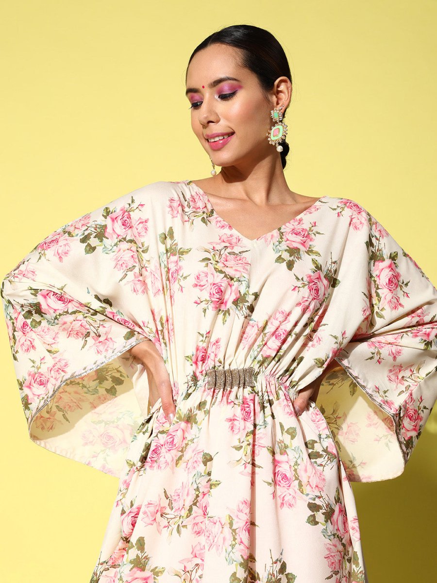 Ahalyaa Women Floral Printed Flared Sleeves Gotta Patti Floral Crepe Kaftan Kurta | Grocsy
