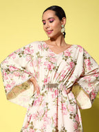 Ahalyaa Women Floral Printed Flared Sleeves Gotta Patti Floral Crepe Kaftan Kurta | Grocsy