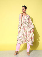 Ahalyaa Women Floral Printed Flared Sleeves Gotta Patti Floral Crepe Kaftan Kurta | Grocsy
