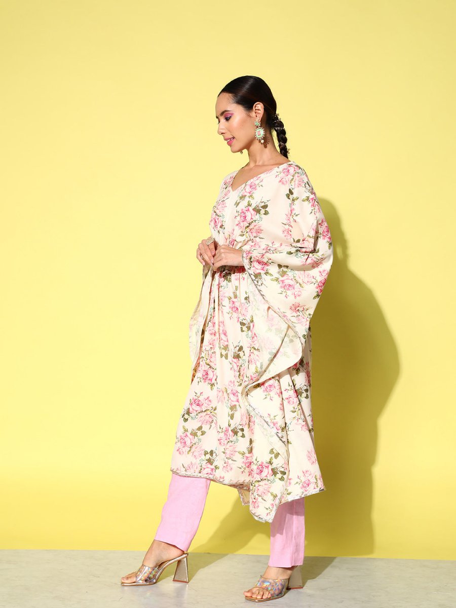Ahalyaa Women Floral Printed Flared Sleeves Gotta Patti Floral Crepe Kaftan Kurta | Grocsy