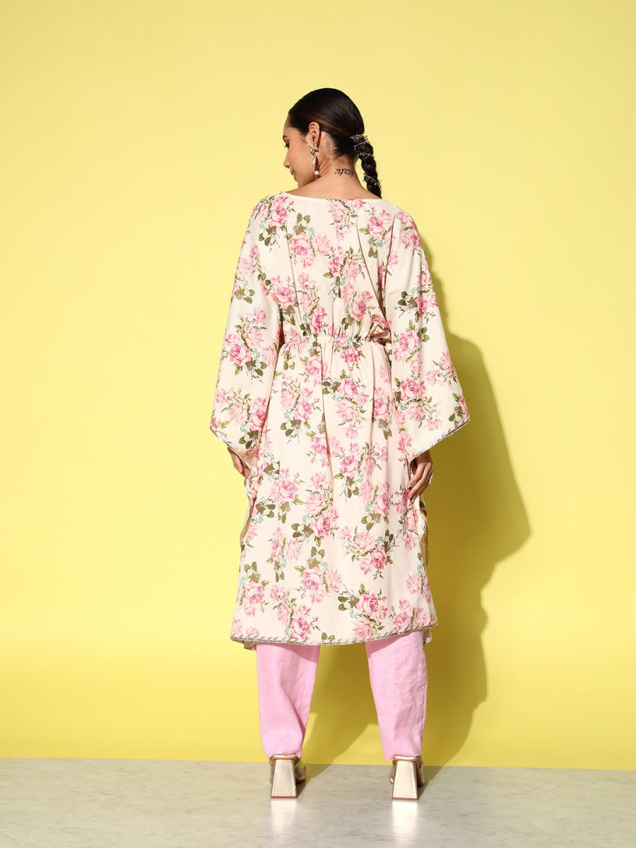 Ahalyaa Women Floral Printed Flared Sleeves Gotta Patti Floral Crepe Kaftan Kurta | Grocsy