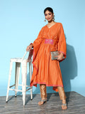Ahalyaa Women Orange & Gold-Toned Striped Flared Sleeves Gotta Patti Crepe Kaftan Kurta | Grocsy