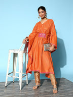 Ahalyaa Women Orange & Gold-Toned Striped Flared Sleeves Gotta Patti Crepe Kaftan Kurta | Grocsy