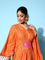 Ahalyaa Women Orange & Gold-Toned Striped Flared Sleeves Gotta Patti Crepe Kaftan Kurta | Grocsy