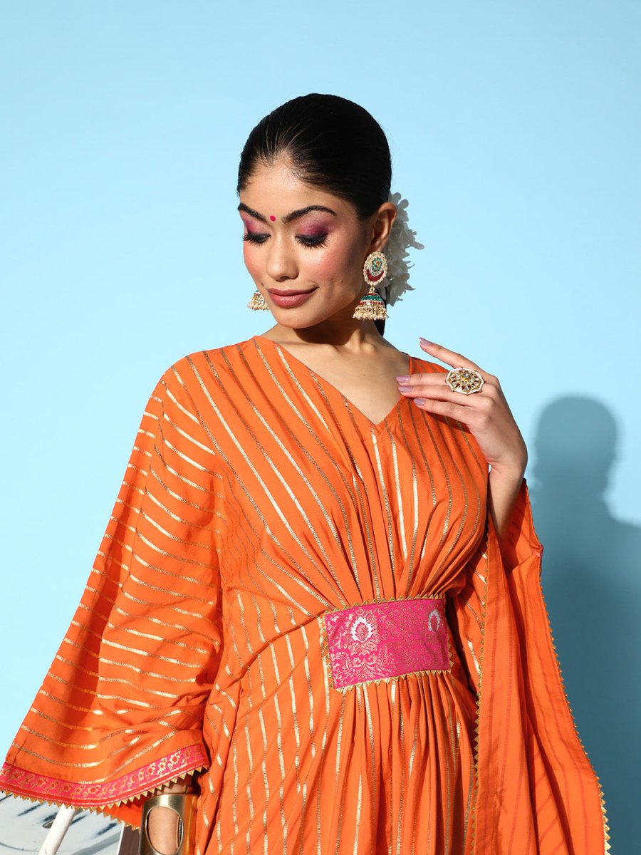 Ahalyaa Women Orange & Gold-Toned Striped Flared Sleeves Gotta Patti Crepe Kaftan Kurta | Grocsy