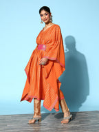 Ahalyaa Women Orange & Gold-Toned Striped Flared Sleeves Gotta Patti Crepe Kaftan Kurta | Grocsy