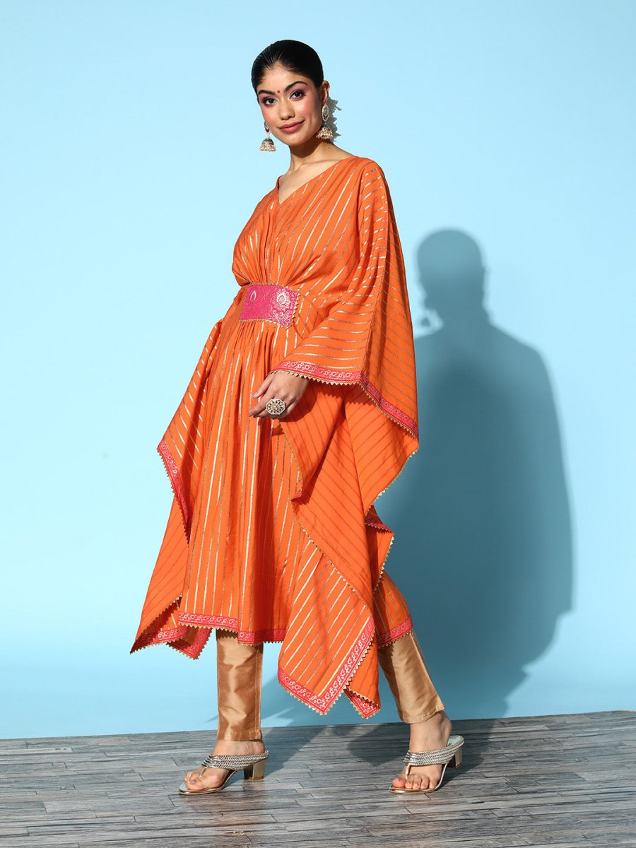 Ahalyaa Women Orange & Gold-Toned Striped Flared Sleeves Gotta Patti Crepe Kaftan Kurta | Grocsy