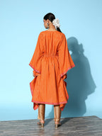 Ahalyaa Women Orange & Gold-Toned Striped Flared Sleeves Gotta Patti Crepe Kaftan Kurta | Grocsy