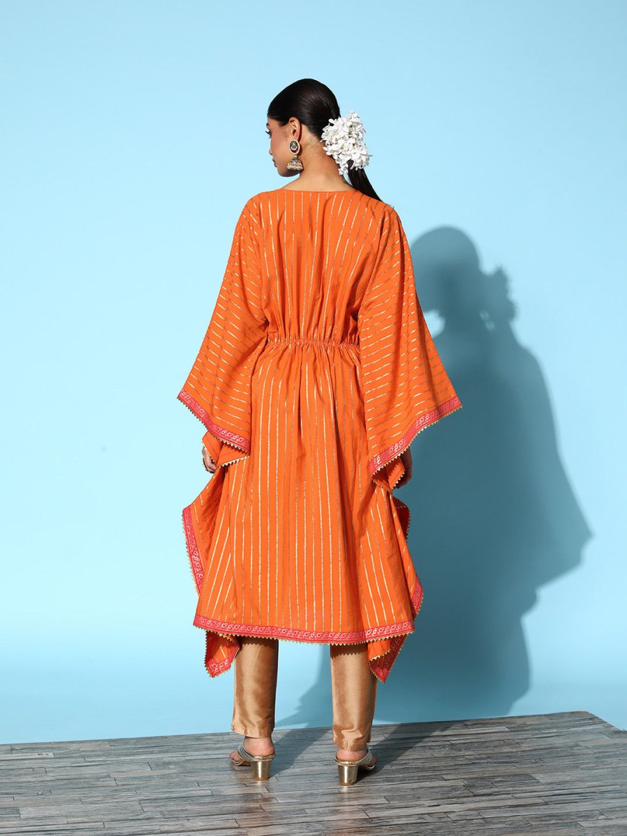 Ahalyaa Women Orange & Gold-Toned Striped Flared Sleeves Gotta Patti Crepe Kaftan Kurta | Grocsy