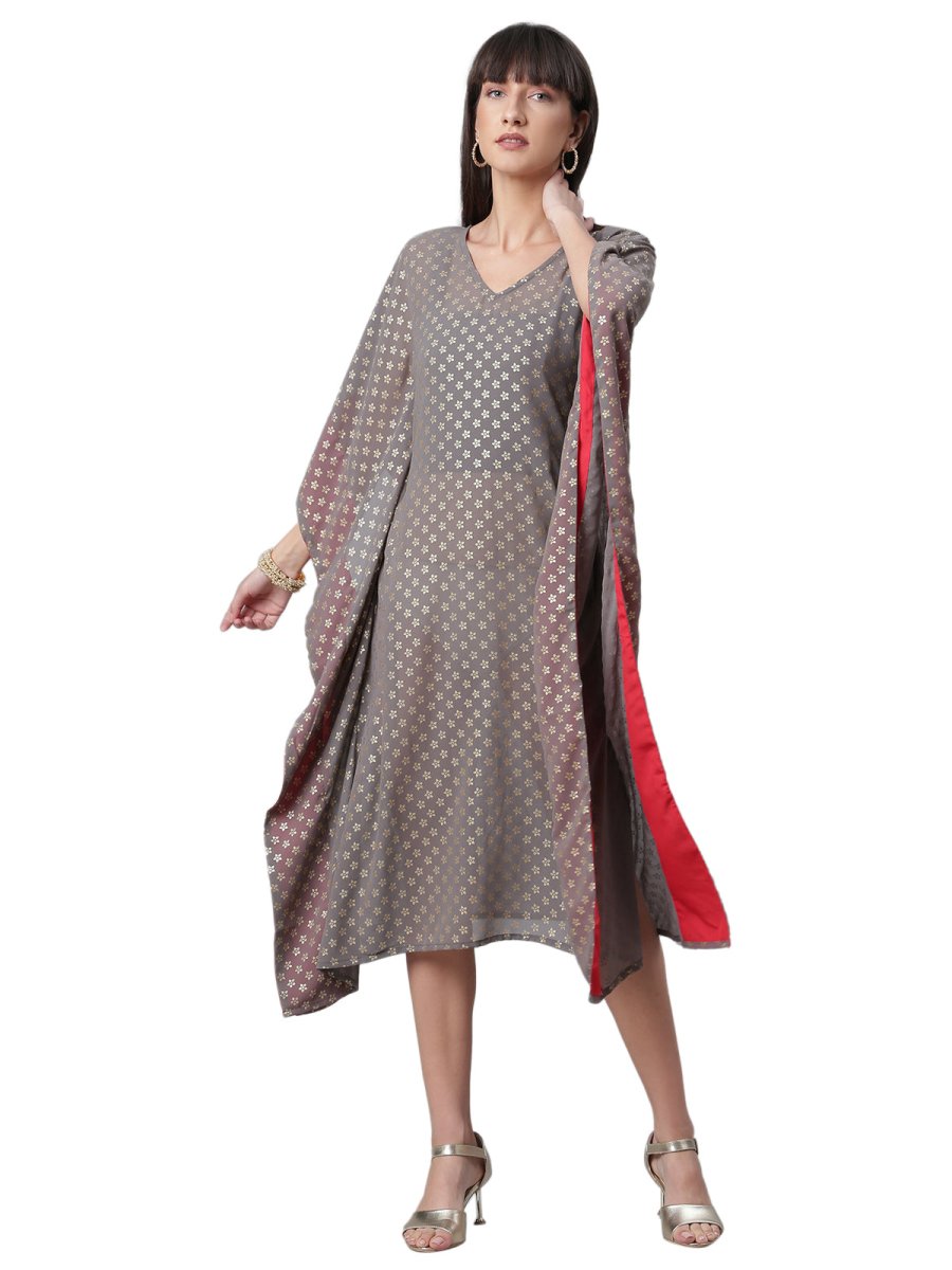 Ahalyaa Women Grey & Golden Ethnic Motifs Printed Flared Sleeves Beautiful Kaftan Kurta | Grocsy