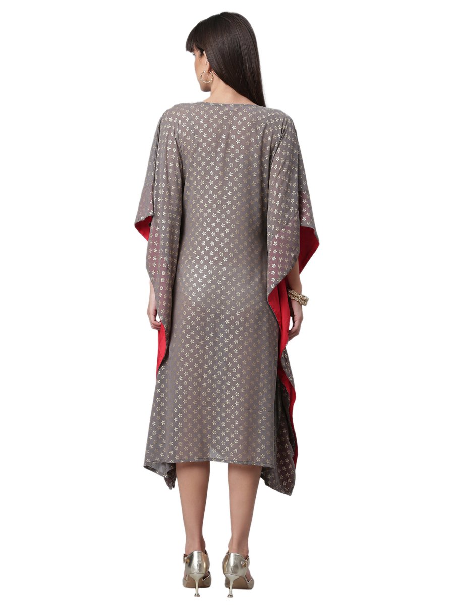Ahalyaa Women Grey & Golden Ethnic Motifs Printed Flared Sleeves Beautiful Kaftan Kurta | Grocsy