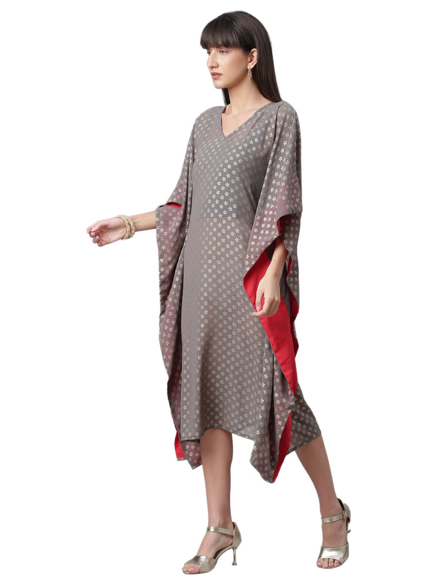 Ahalyaa Women Grey & Golden Ethnic Motifs Printed Flared Sleeves Beautiful Kaftan Kurta | Grocsy