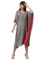 Ahalyaa Women Grey & Golden Ethnic Motifs Printed Flared Sleeves Beautiful Kaftan Kurta | Grocsy
