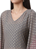 Ahalyaa Women Grey & Golden Ethnic Motifs Printed Flared Sleeves Beautiful Kaftan Kurta | Grocsy