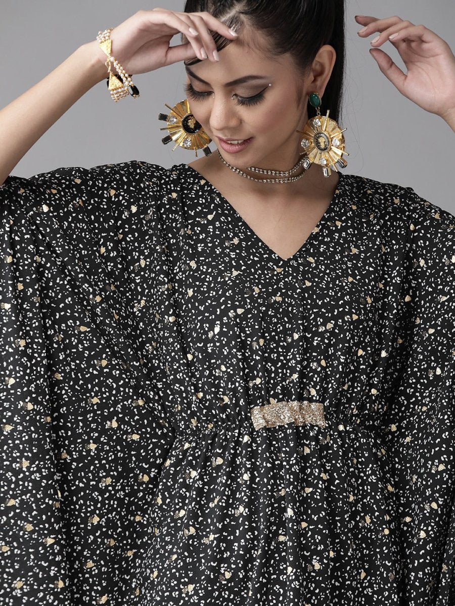 Ahalyaa Women Black & White Printed Flared Sleeves Kaftan Kurta | Grocsy