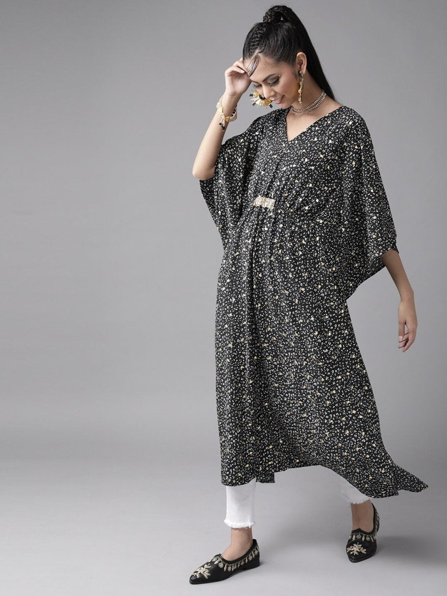 Ahalyaa Women Black & White Printed Flared Sleeves Kaftan Kurta | Grocsy