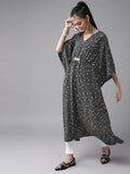 Ahalyaa Women Black & White Printed Flared Sleeves Kaftan Kurta | Grocsy