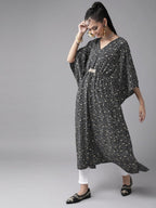 Ahalyaa Women Black & White Printed Flared Sleeves Kaftan Kurta | Grocsy