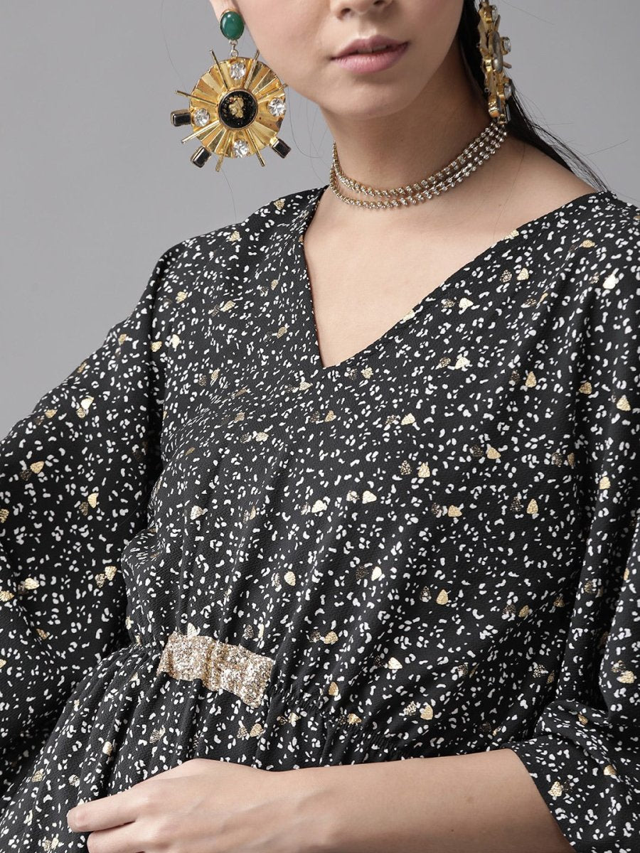 Ahalyaa Women Black & White Printed Flared Sleeves Kaftan Kurta | Grocsy