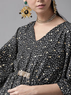 Ahalyaa Women Black & White Printed Flared Sleeves Kaftan Kurta | Grocsy