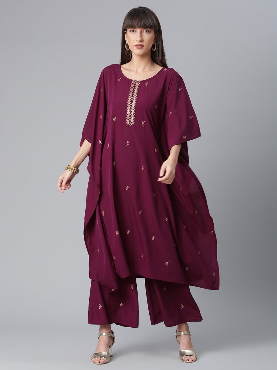Ahalyaa Burgundy & Golden Printed Kurta with Palazzo | Grocsy