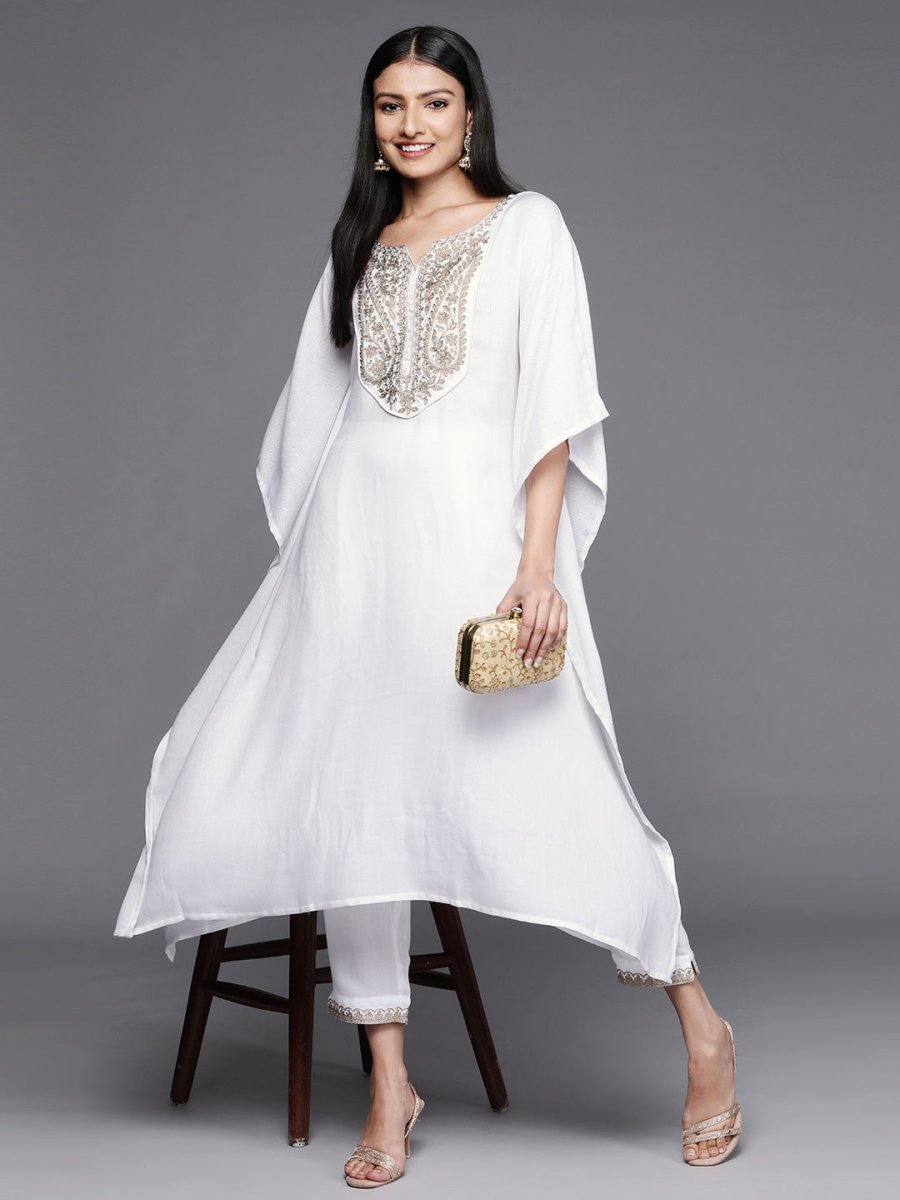 Ahalyaa Women White Yoke Design Aari Work Pashmina Kurta with Trousers | Grocsy