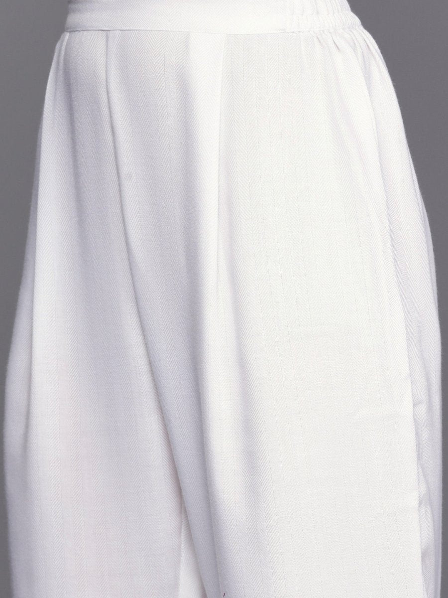 Ahalyaa Women White Yoke Design Aari Work Pashmina Kurta with Trousers | Grocsy