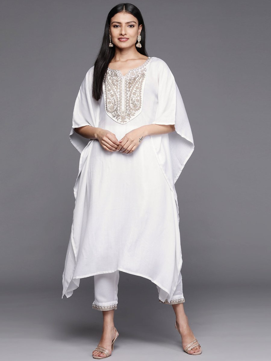 Ahalyaa Women White Yoke Design Aari Work Pashmina Kurta with Trousers | Grocsy