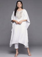Ahalyaa Women White Yoke Design Aari Work Pashmina Kurta with Trousers | Grocsy