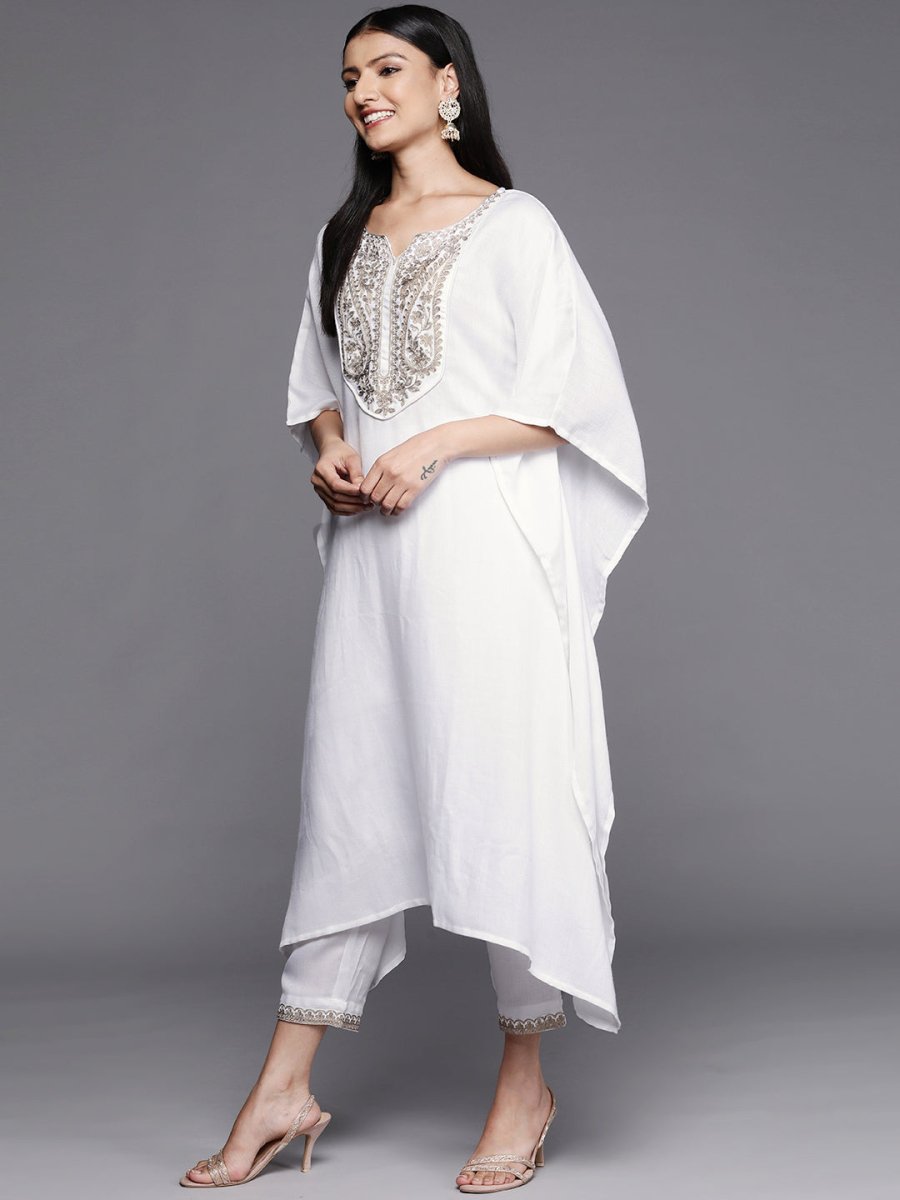 Ahalyaa Women White Yoke Design Aari Work Pashmina Kurta with Trousers | Grocsy