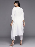 Ahalyaa Women White Yoke Design Aari Work Pashmina Kurta with Trousers | Grocsy