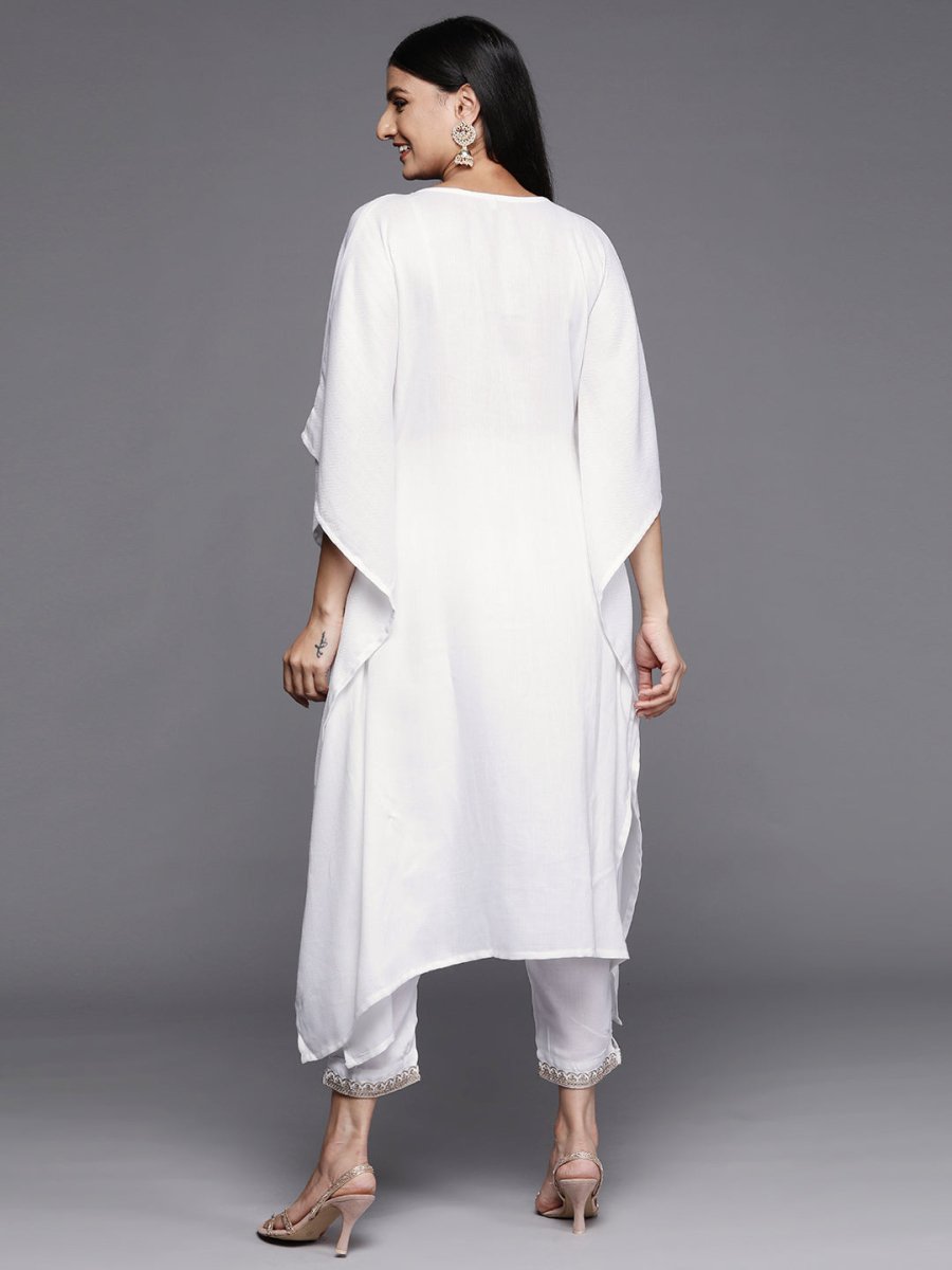 Ahalyaa Women White Yoke Design Aari Work Pashmina Kurta with Trousers | Grocsy