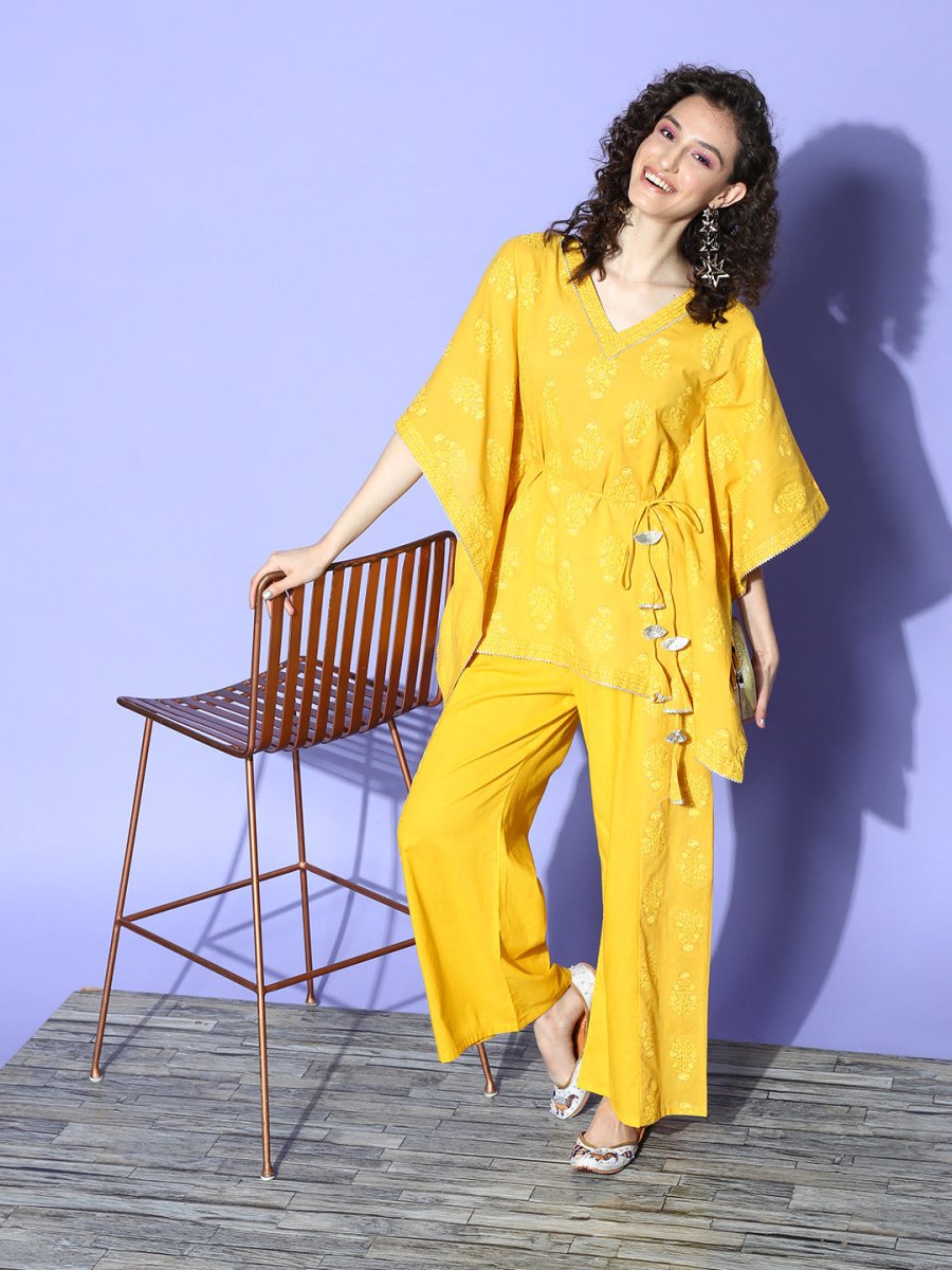 Ahalyaa Women Mustard Yellow Floral Printed Pure Cotton Co-Ords | Grocsy