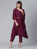 Ahalyaa Women Burgundy & Golden Printed Kurta With Trouser | Grocsy