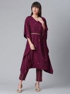 Ahalyaa Women Burgundy & Golden Printed Kurta With Trouser | Grocsy