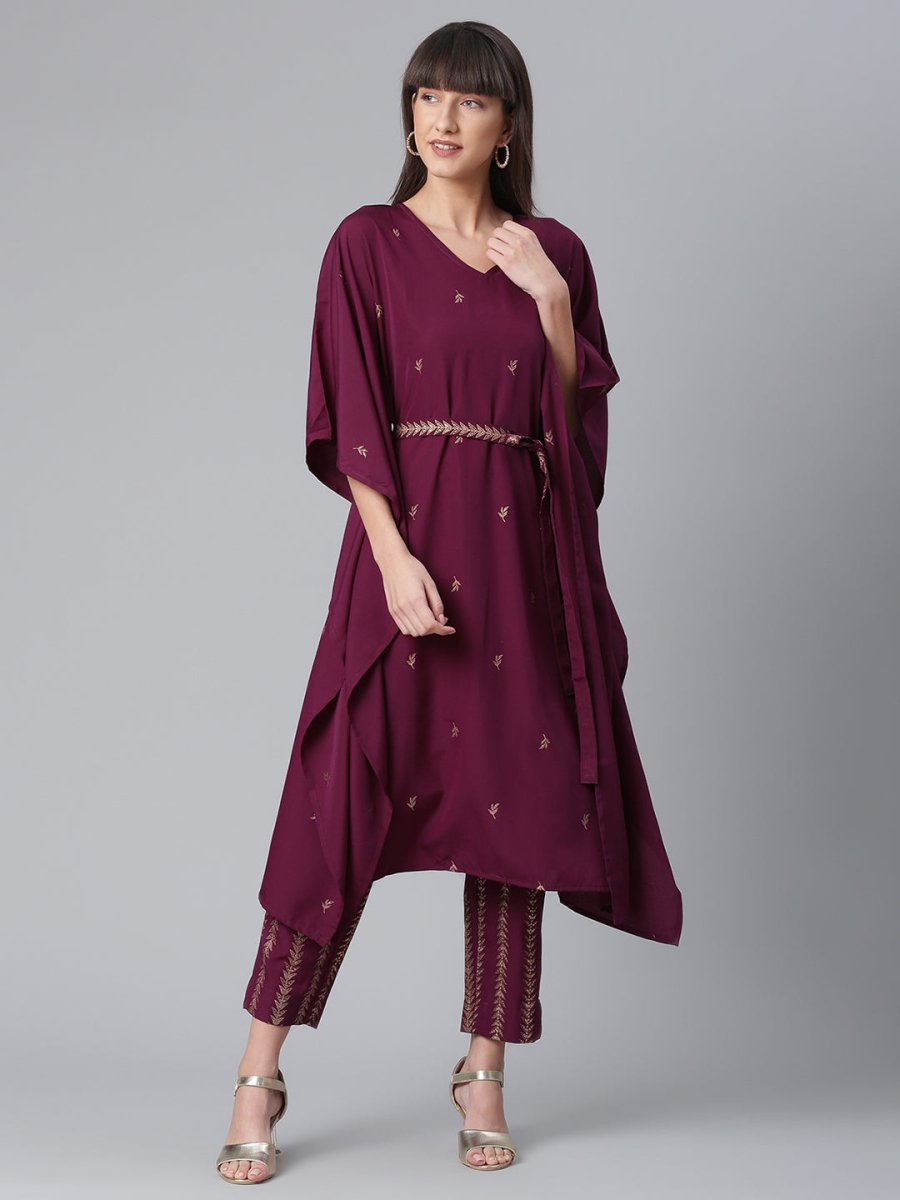 Ahalyaa Women Burgundy & Golden Printed Kurta With Trouser | Grocsy