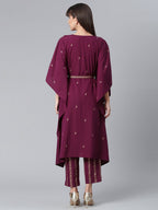 Ahalyaa Women Burgundy & Golden Printed Kurta With Trouser | Grocsy