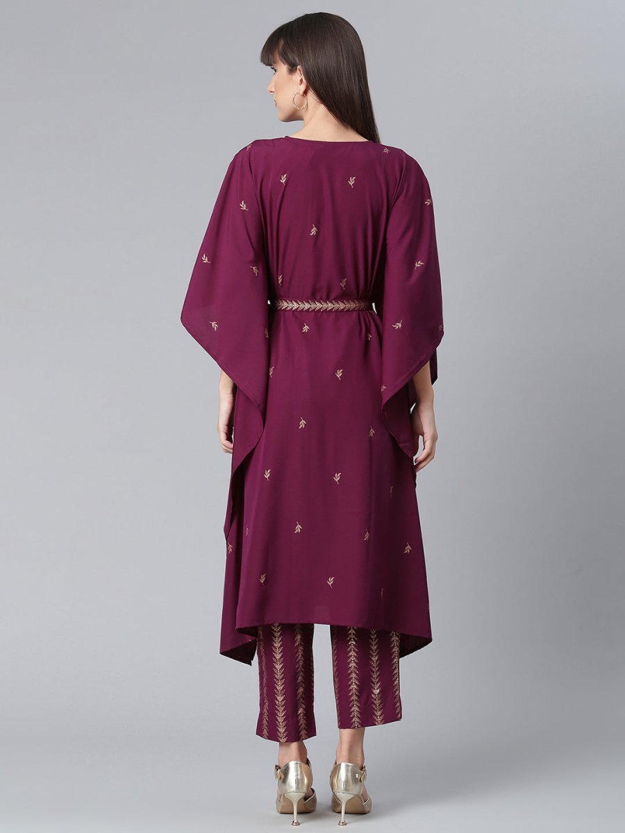 Ahalyaa Women Burgundy & Golden Printed Kurta With Trouser | Grocsy